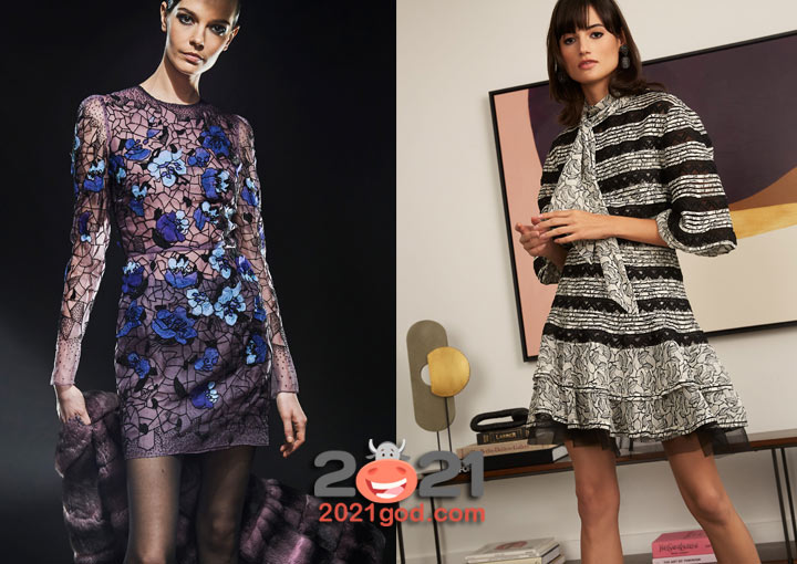 Короткое блестящее платье с рисунком на Новый Год 2021