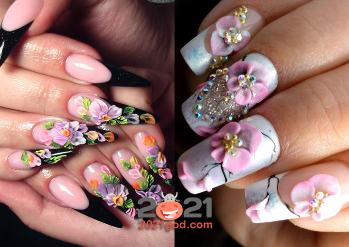 Акриловые цветы поверх гель-лака - идеи маникюра на 2021 год
