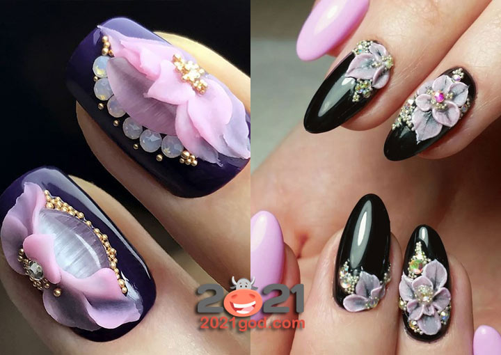 объемный акриловый декор и черный гель-лак - модные ногти 2021 года