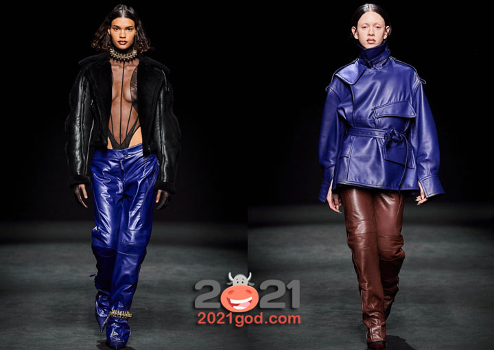 Яркие кожаные брюки на зиму 2020-2021