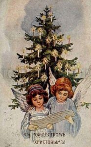 Ретро открытка с ангелами на Рождество