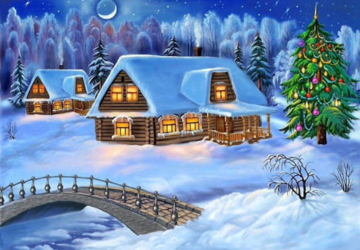 Рисунки на Новый 2021 год - пейзаж домик у реки