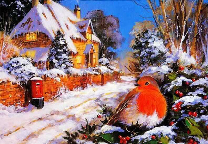 Рисунки на Новый 2021 год - пейзаж домик и снегирь